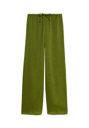 Groene, wijde broek van lichtgewicht stof, met een trekkoord in de taille en een subtiel textuurpatroon door het geheel.
