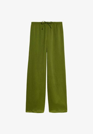 Pantaloni verde a gamba larga realizzati in tessuto leggero, con vita regolabile e un sottile motivo a trama su tutta la superficie.