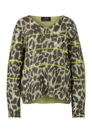 Light green sweater with leopard print in dark brown. Features contrasting neon green stripes and a wide V-neck. Soft texture, loose fit.