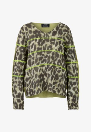 Light green sweater with leopard print in dark brown. Features contrasting neon green stripes and a wide V-neck. Soft texture, loose fit.