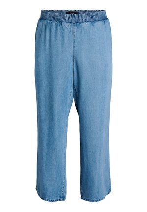 Lichtblauwe denim cropped broek met elastische tailleband en rechte pijpen, ontworpen voor casual gebruik.