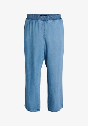 Hellblaue Denim-Cropped-Hosen mit elastischem Bund und geraden Beinen, entworfen für den lässigen Gebrauch.