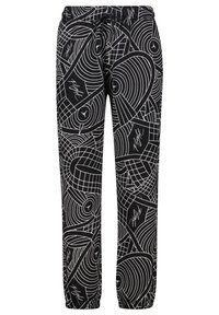 Zwarte joggers met een volledig witte geometrische print. Voorzien van een elastische tailleband en een trekkoord. Gemaakt van een zachte, rekbare stof.