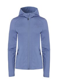 Lichtblauwe hoodie van zacht materiaal. Bevat een volledige rits aan de voorkant, twee zijzakken en raglanmouwen voor meer bewegingsvrijheid.