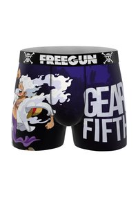 Boxer shorts noirs avec un graphique de personnage coloré, texte blanc "GEAR FIFTH" et logo "FREEGUN" sur une ceinture élastique.