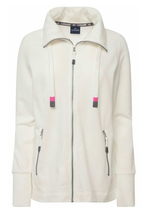 Weiße Zip-Jacke mit hohem Kragen, ausgestattet mit grauen Reißverschlussakzenten und rosa Details an der Schnur. Zwei vordere Reißverschlusstaschen.