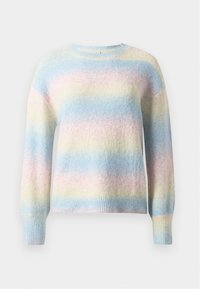 Παστέλ ριγέ πουλόβερ φτιαγμένο από μαλακό, υφασμάτινο υλικό. Διαθέτει στρογγυλή λαιμόκοψη και ριμπ μανσέτες, προβάλλοντας χρώματα μπλε, ροζ και κίτρινο.