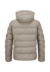 Beige Daunenjacke mit gestepptem Muster, Kapuze und elastischen Bündchen. Hergestellt aus synthetischem Material mit glatter Oberfläche und gepolsterter Isolierung.