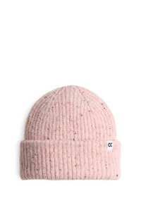 Roze geribbelde gebreide muts gemaakt van een zachte wolmix. Heeft een omgeslagen rand en een gespikkelde textuur. Inclusief een klein merklabel.