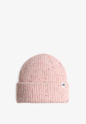 Knmütze mit Rippstrickmuster in Rosa, gefertigt aus einer weichen Wollmischung. Hat einen umgeschlagenen Saum und eine gesprenkelte Textur. Enthält ein kleines Markenetikett.