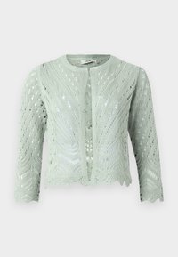 Světle zelený pletený cardigan s otevřeným předním dílem, se složitými krajkovými vzory, vlnitými okraji a dlouhými rukávy.