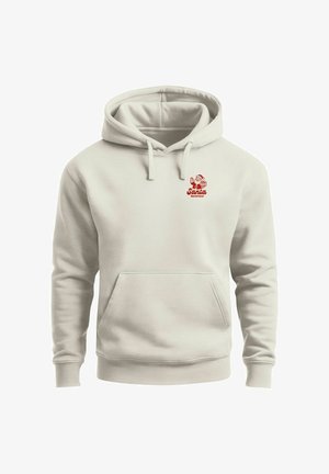 Light beige hoodie made of soft material, featuring a kangaroo pocket, drawstring hood, and a red graphic with "Santa" on the chest.