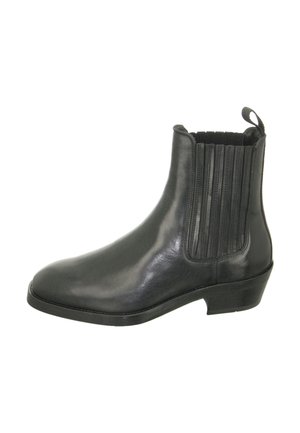 Black leather ankle boot with elastic side panels, a rounded toe, and a low block heel. Smooth texture with vertical stitching detail.