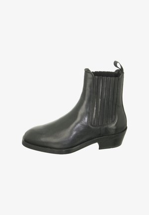 Schwarze Lederstiefelette mit elastischen Seiteneinsätzen, runder Zehenform und niedrigem Blockabsatz. Glatte Textur mit vertikalen Steppnähten.