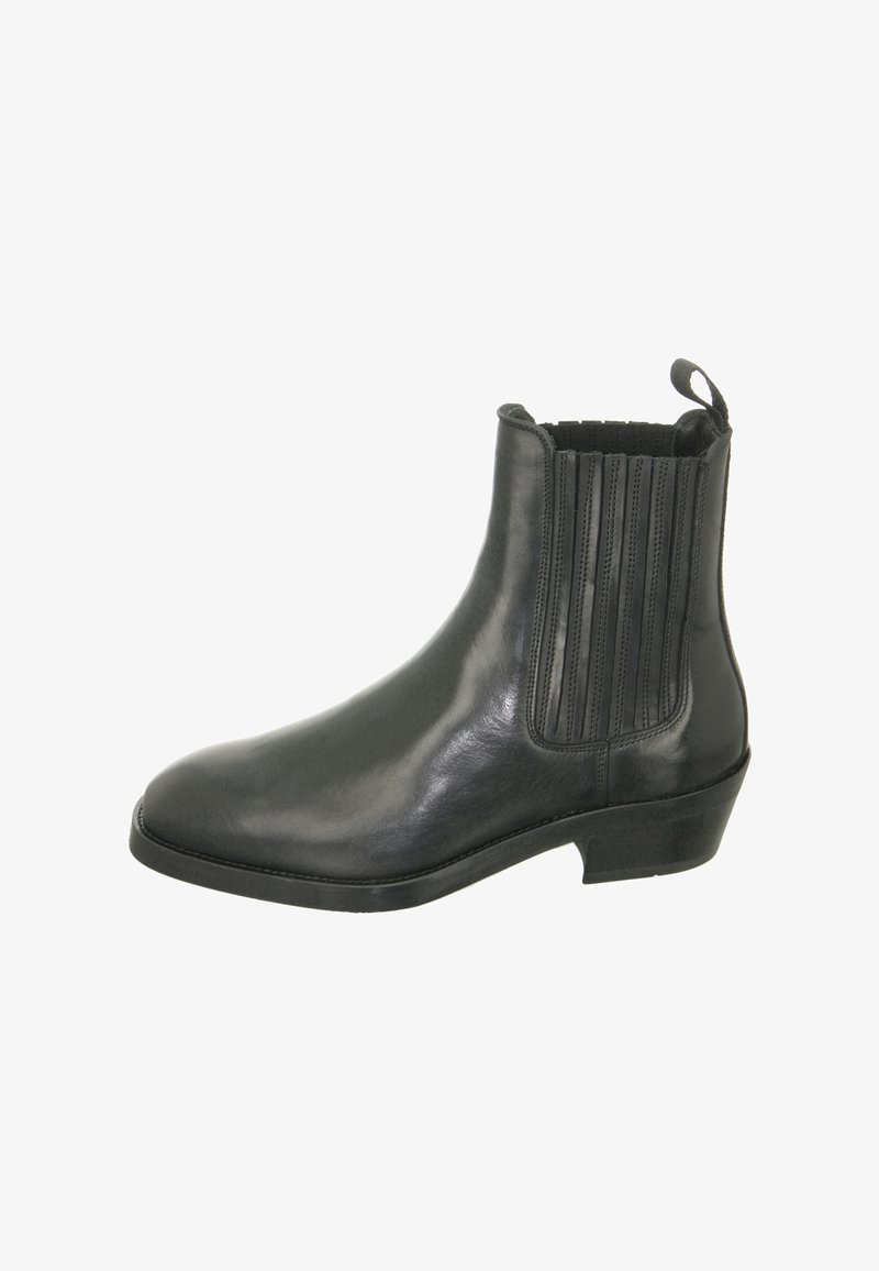 Black leather ankle boot with elastic side panels, a rounded toe, and a low block heel. Smooth texture with vertical stitching detail.