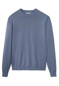 Pull tricoté bleu clair avec un col rond, des manches longues, des poignets côtelés et un ourlet ajusté, fabriqué à partir d'un tissu doux avec une finition texturée.