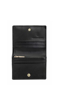 Czarny portfel z prawdziwej skóry otwarty, pokazujący wiele slotów na karty, zamykaną na zamek komorę oraz zatrzaskowe zapięcia wewnątrz.