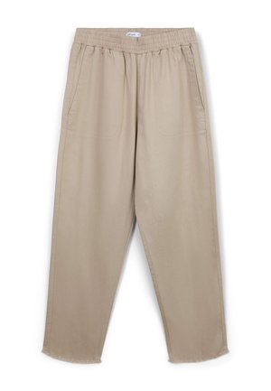 Beige, lightweight pants with an elastic waistband, side pockets, and a relaxed fit. Features a frayed hem and smooth texture.