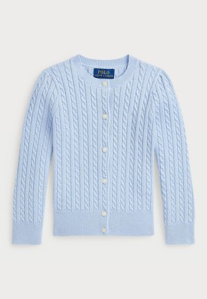 Cardigan azzurro chiaro a trecce con bottoni in perla, maniche lunghe e polsini e orlo a coste, piegato in piano.