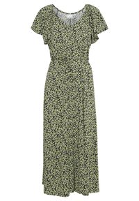 Floral maxi dress in black with green and white flowers. V-neckline, short flutter sleeves, gathered waist, flowing skirt. Soft fabric.