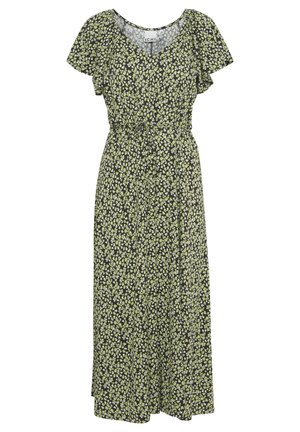 Robe maxi florale noire avec des fleurs vertes et blanches. Décolleté en V, manches courtes volantées, taille froncée, jupe fluide. Tissu doux.
