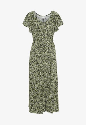 Vestido maxi floral en negro con flores verdes y blancas. Escote en V, mangas cortas y onduladas, cintura fruncida, falda fluida. Tejido suave.