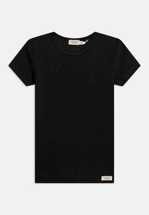 Maglietta nera in cotone a costine con maniche corte, scollo rotondo e piccola etichetta beige del marchio nell'orlo inferiore.