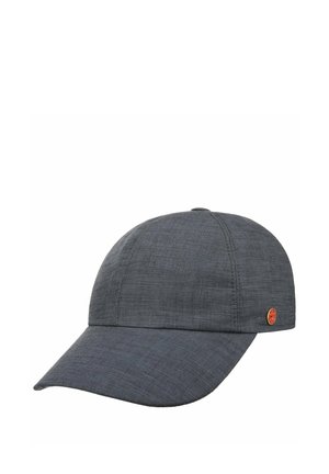 Dark gray baseball cap with a curved brim and a small round red and gold logo on the side panel.
