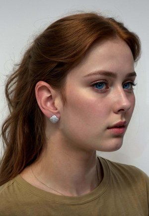 Silver earrings with a textured, square design, worn by a model with light brown hair and blue eyes, against a neutral background.