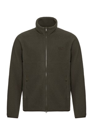 Fleece jacket in dark green with a high collar, full zip front, and two side pockets. Textured surface and elastic cuffs for comfort.