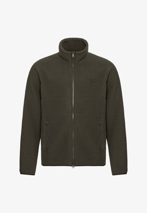 Fleece jacket in dark green with a high collar, full zip front, and two side pockets. Textured surface and elastic cuffs for comfort.