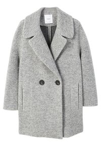 Gray wool blend double-breasted coat with wide lapels and two black buttons, featuring slit pockets on each side.