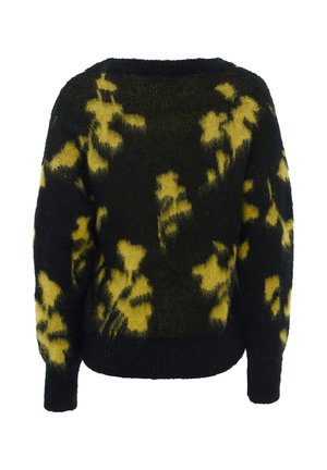 Maglione nero con motivo floreale giallo, realizzato in materiale morbido e peloso. Presenta un collo rotondo e maniche lunghe con una vestibilità rilassata.