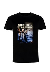 Černé bavlněné tričko s grafickým motivem zápasníka a nápisem "Stone Cold Steve Austin" tučným bílým písmem s modrými akcenty.