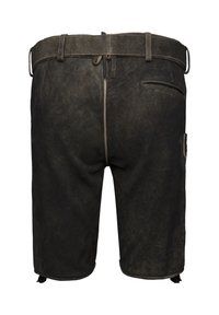 Bruine leren shorts met een hoge taille, een riem met lussen en twee achterzakken. De stof heeft een gestructureerde afwerking.