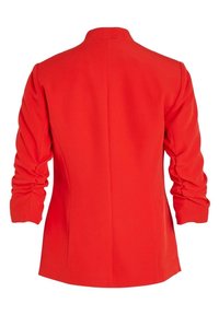 Blazer rouge pour femme avec manches longues froncées, coupe cintrée et une seule couture dans le dos, présenté de dos sur fond blanc.