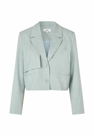 Blazer léger bleu clair en tissu texturé. Dispose de revers pointus, de deux boutons à l'avant et de poches latérales.
