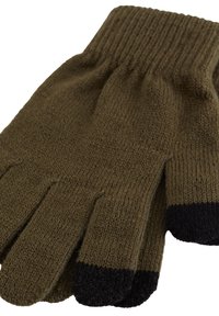 Laikini pirštinės alyvų žalia spalva su raukšlėtu rankogaliu ir juodais pirštų galais. Textūruota medžiaga ir keturių pirštų dizainas šilumai.
