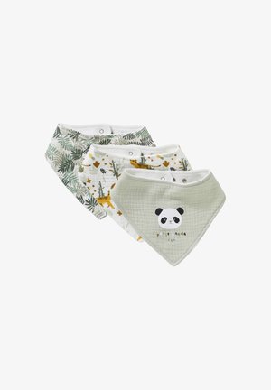 Drei Baby-Bandana-Lätzchen mit Druckknopfverschlüssen, mit grünem Blätterdruck, Tiger- und Pflanzenillustrationen sowie einem Panda-Gesicht mit dem Text "petit panda".