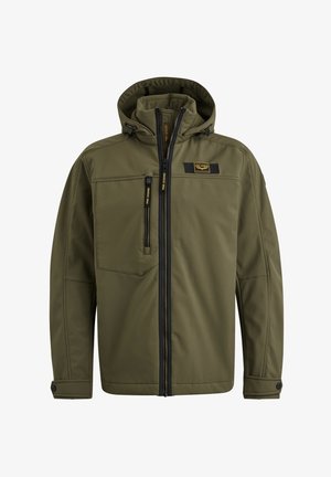 Giacca verde isolante con chiusura a zip, cappuccio regolabile, molteplici tasche e zip nere a contrasto. Presenta un'etichetta con il logo.