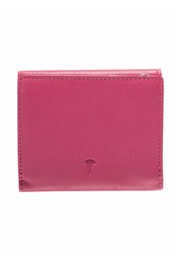 Portefeuille en cuir rose présentant une texture lisse, une forme rectangulaire, et un détail de logo en relief. Les bords cousus renforcent le design.