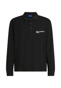 Črna polo majica z dolgimi rokavi, bombažni material, z gumbom za zapiranje na tri gumbe, subtilen beli logotip na levem prsnem delu in rebrastimi manšetami.