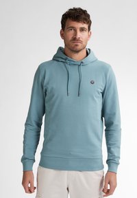 Sudadera de algodón azul claro con un bolsillo frontal tipo canguro, capucha con cordón y un pequeño logo en el pecho. Textura suave, mangas largas.