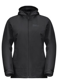 Giacca nera impermeabile con cappuccio, zip frontale e polsini elastici. Presenta un logo minimal sul lato superiore sinistro. Texture liscia.