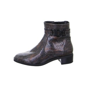 Ankle-high brown leather boot with snakeskin texture, side zipper, low block heel, and black decorative chain detail near the top.