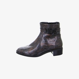 Ankle-high brown leather boot with snakeskin texture, side zipper, low block heel, and black decorative chain detail near the top.