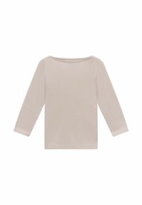 Helle beige Langarmbluse mit weitem Ausschnitt. Aus weichem Stoff gefertigt, mit einem schlichten, nahtlosen Design und geradem Saum.