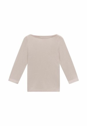 Light beige long-sleeve shirt with a wide neckline. Made of soft fabric, featuring a simple, seamless design and straight hem.