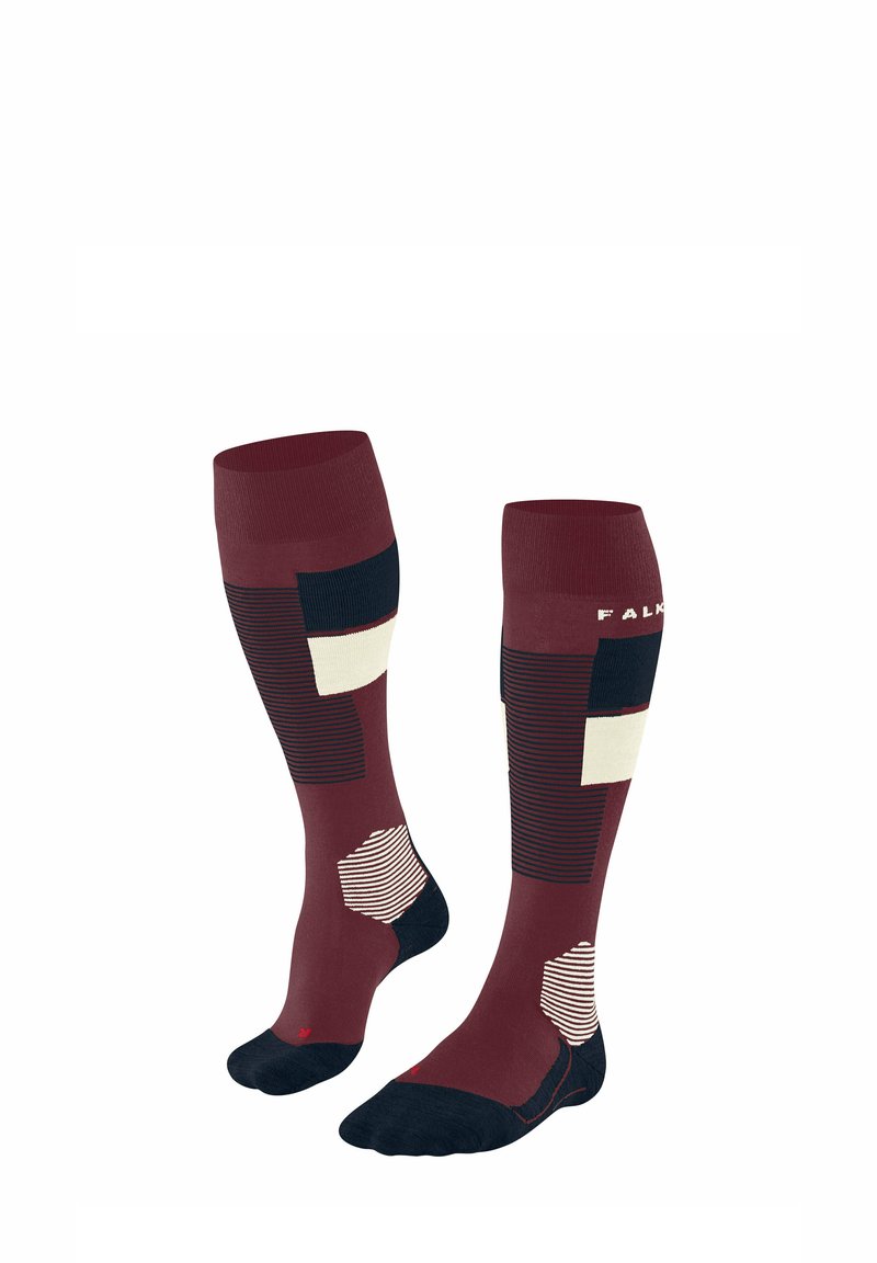 Kniestrümpfe in Burgunderrot und Marineblau mit geometrischen Mustern und Streifen. Hergestellt aus elastischem Stoff, mit verstärkten Fersen und Zehen.