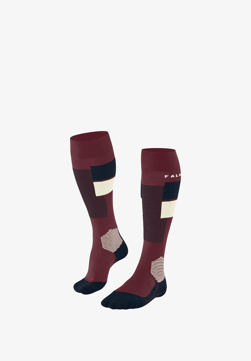 Kniestrümpfe in Burgunderrot und Marineblau mit geometrischen Mustern und Streifen. Hergestellt aus elastischem Stoff, mit verstärkten Fersen und Zehen.